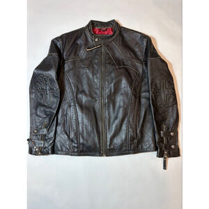 Affliction Limited Edition Leather Moto Jacket Black Cross Biker Y2K Skull Lined